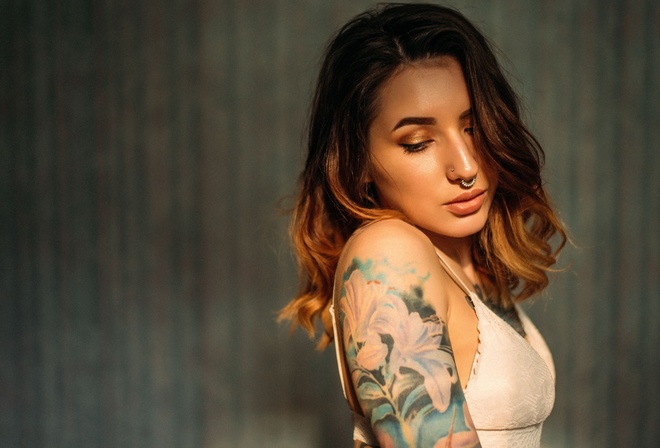 women, portrait, tattoo, dyed hair, pierced nose, wall