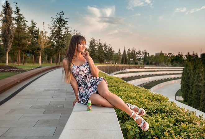 women, portrait, dress, long hair, women outdoors, galitsky park, smiling, sitting, park, pink nails, sunset