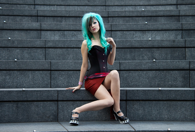 women, model, corset, skirt, dyed hair, teal hair