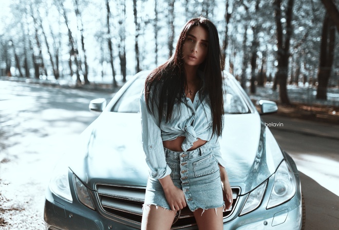 women, Alexander Belavin, shirt, portrait, women with cars, women outdoors, denim skirt