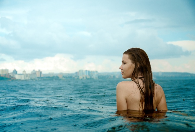 women, portrait, sea, women outdoors, looking away, water drops, wet hair, back, wet body