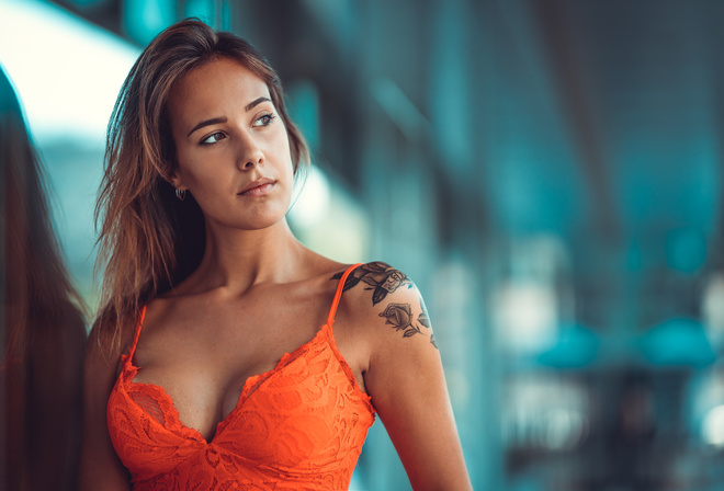 women, tanned, orange dress, tattoo, portrait, reflection, glass