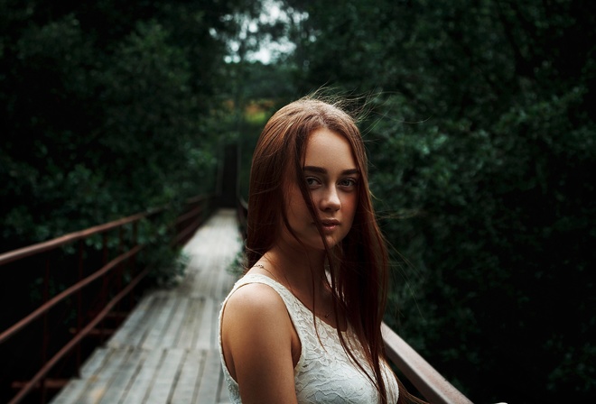 women, portrait, bridge, women outdoors, blue eyes, face