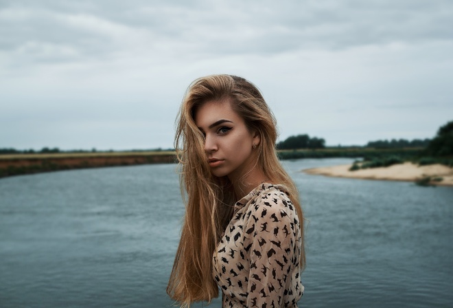 women, blonde, portrait, women outdoors, dress, river, eyeliner