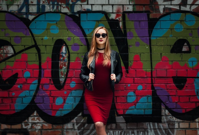 women, red dress, blonde, wall, graffiti, leather jackets, bricks, choker, red lipstick, sunglasses, portrait