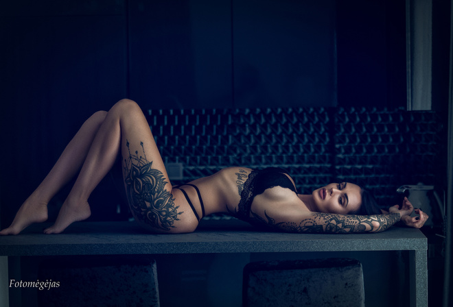 women, tattoo, couch, brunette, ass, black lingerie, armpits, ribs, sideboob, lying on back, black nails