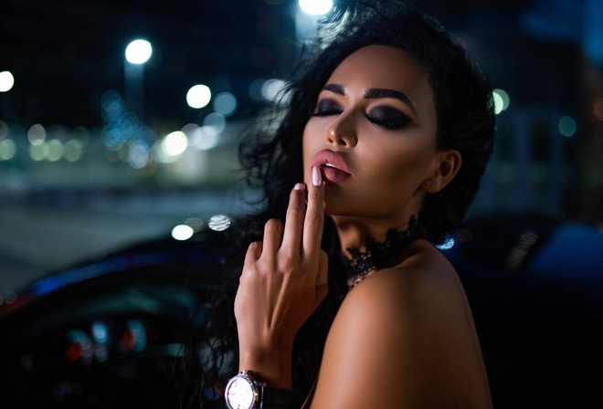 women, Ivan Gorokhov, tanned, women with cars, face, finger on lips, closed eyes, pink nails, juicy lips