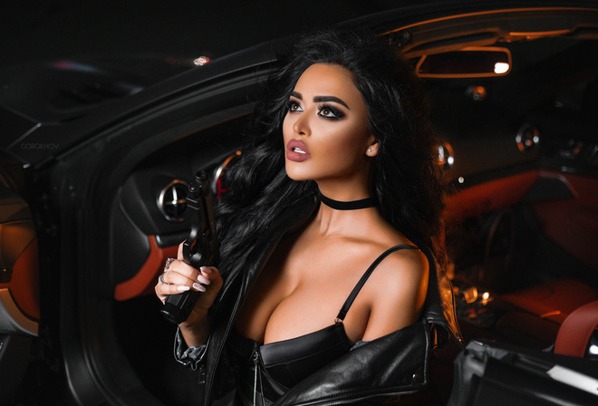 women, Ivan Gorokhov, tanned, gun, women with cars, leather jackets, black hair, choker, juicy lips, portrait