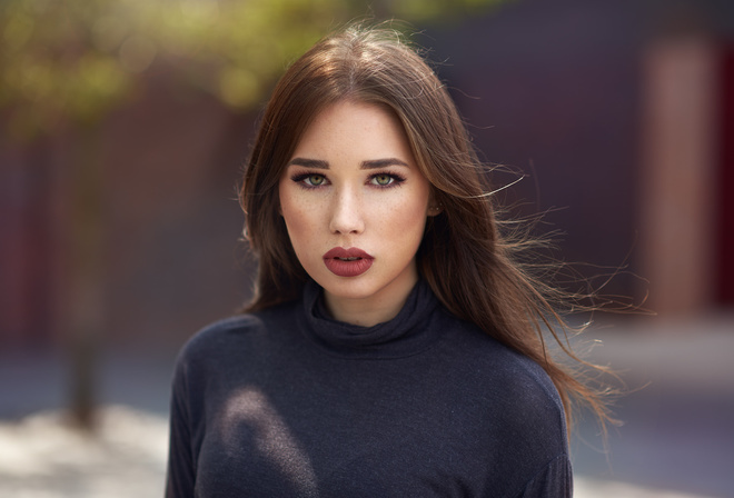 women, face, portrait, freckles, red lipstick