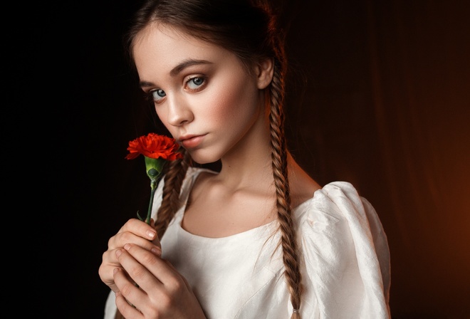 women, portrait, pigtails, gray eyes, face, flowers