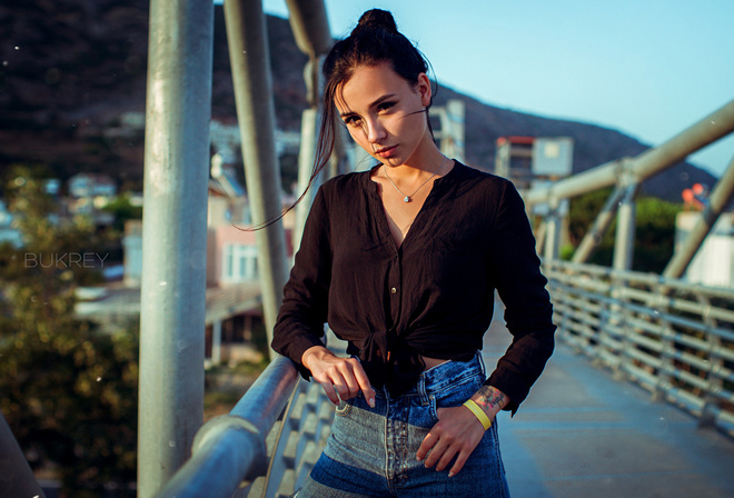 women, tattoo, jeans, hairbun, women outdoors, bridge, necklace