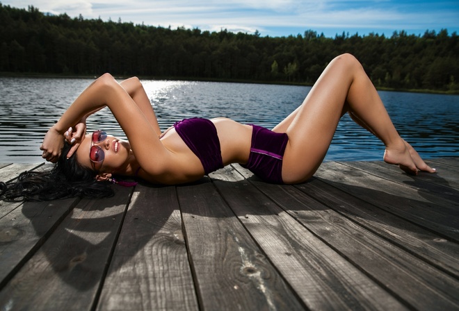 women, swimwear, pier, water, brunette, lying on back, wooden surface, women outdoors, sunglasses, white nails