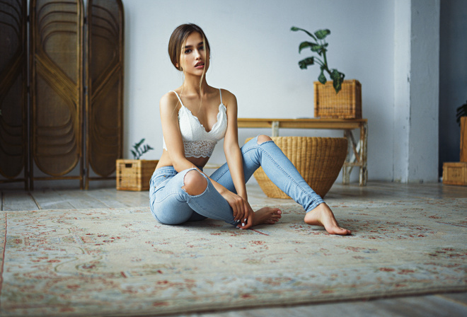 Anastasia Lis, women, Sergey Fat, torn jeans, brunette, plants, portrait
