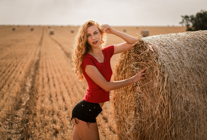 women, jean shorts, red lipstick, ass, hay, smiling, women outdoors, portrait