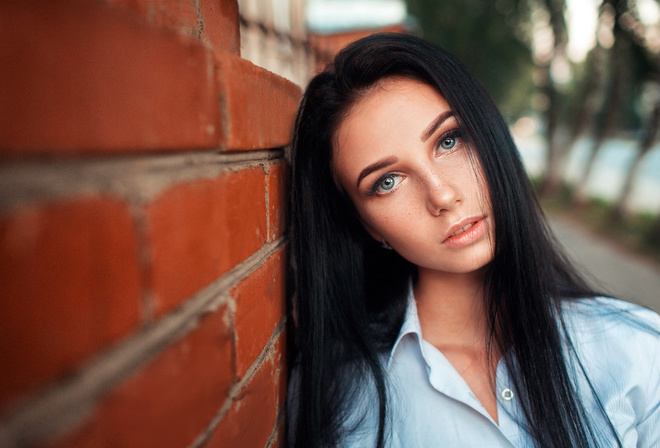 women, face, portrait, bricks, gray eyes