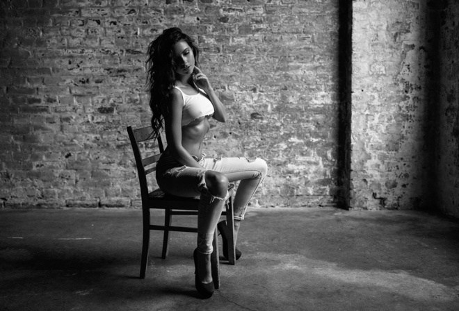 women, chair, belly, nipple through clothing, ribs, torn jeans, pierced navel, wall, bricks, underboob, sitting, monochrome