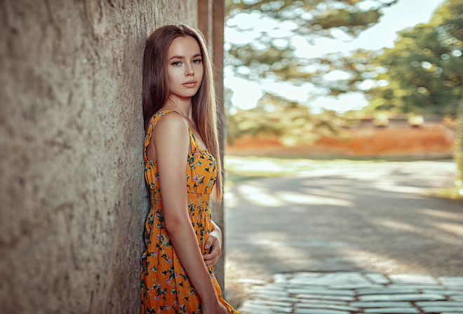 women, portrait, dress, wall, brunette, yellow dress