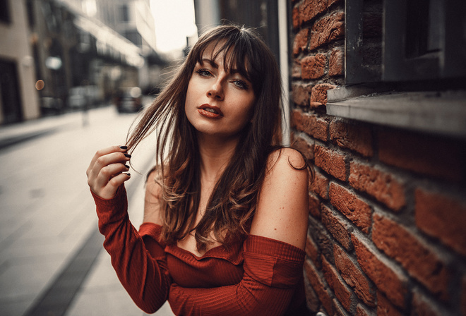 women, portrait, bare shoulders, bricks, black nails, face