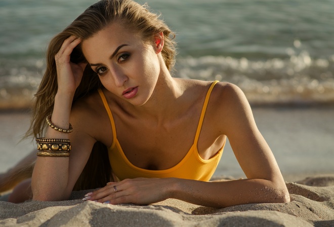 women, portrait, sand, sea, blonde, face, brunette