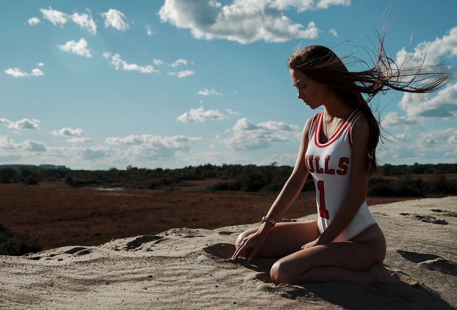 women, one-piece swimsuit, kneeling, tanned, tan lines, sand, long hair, women outdoors