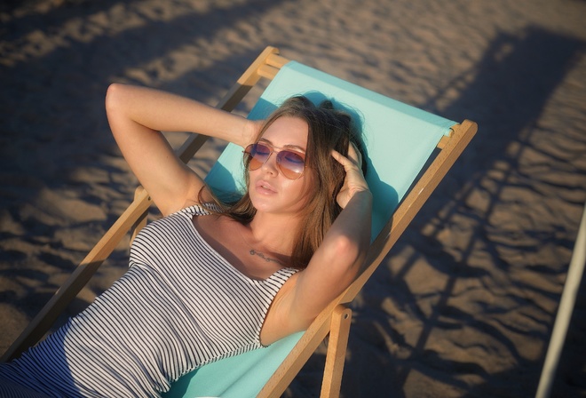 women, sand, tattoo, closed eyes, portrait, dress, sunglasses, armpits, hands on head