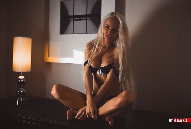 women, Slava Kol, blonde, sitting, lamp, lingerie, long hair