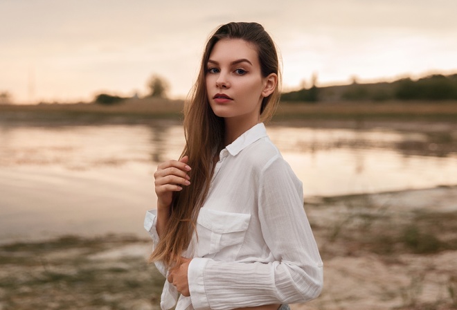 women, portrait, braces, blue eyes, white shirt, long hair, women outdoors