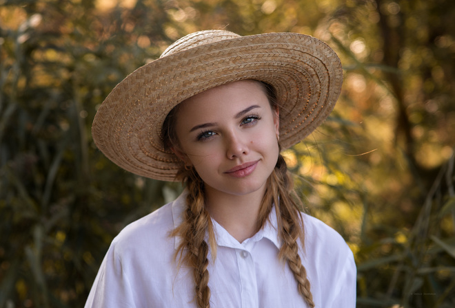 women, pigtails, smiling, blonde, hat, white shirt, gray eyes, portrait