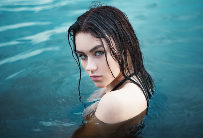 women, face, portrait, wet hair, water