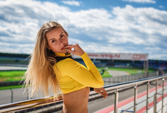 women, blonde, race tracks, finger on lips, portrait, pierced navel, women outdoors