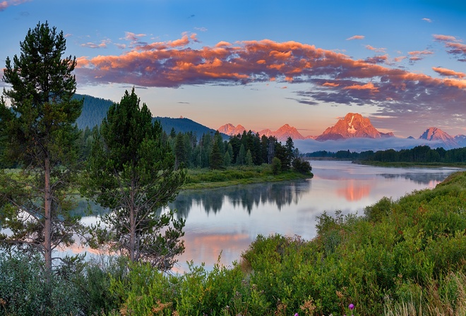 forest, grass, clouds, mountains, shore, tops, ate, USA, pond, Grand Teton national Park