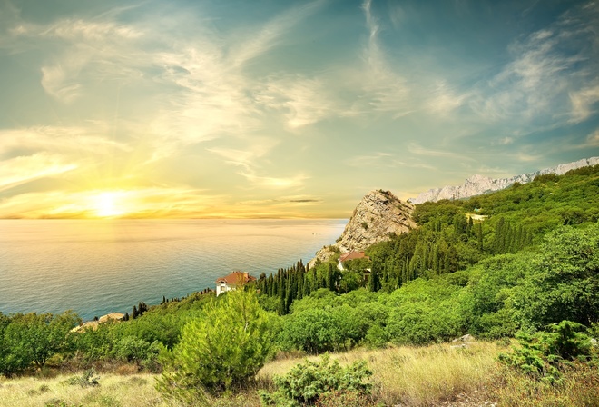 sea, forest, the sky, the sun, clouds, trees, rocks, coast, slope, horizon, houses, the bushes, Crimea