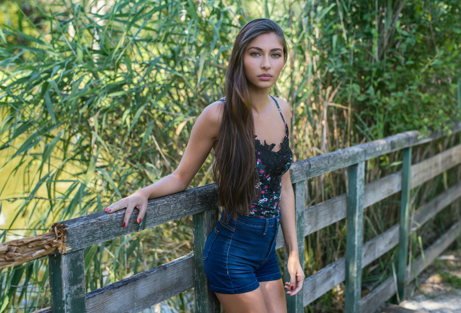 women, portrait, fence, long hair, jean shorts, red nails