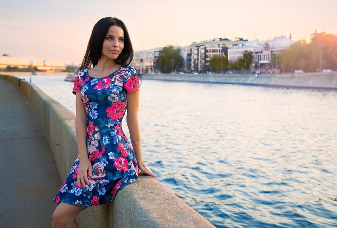 women, dress, river, women outdoors, looking away, black hair, portrait