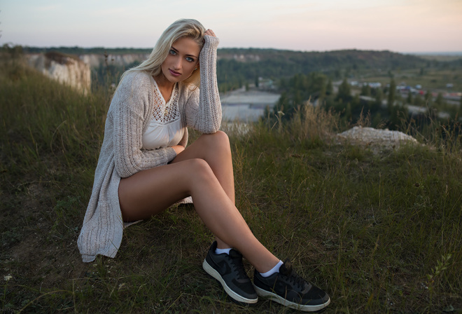 women, blonde, sitting, Dmitry Sn, portrait, blue eyes, sneakers, Nike