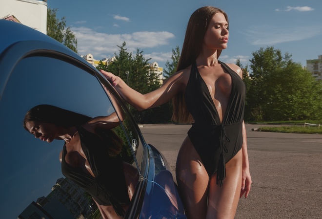 women, tanned, women with cars, women outdoors, cleavage, one-piece swimsuit