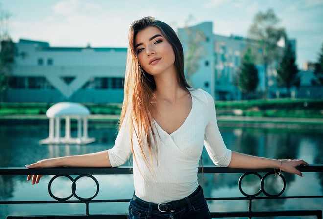 women, portrait, fence, smiling, long hair, belt, white nails