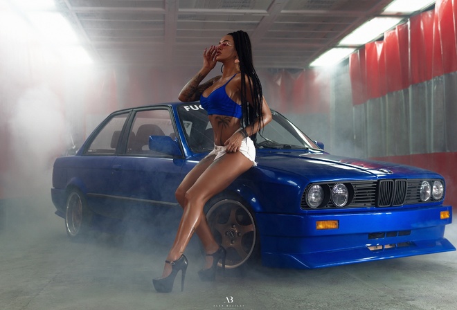 women, Alex Bazilev, smoke, tanned, jean shorts, high heels, long hair, belly, tattoo, women with cars, women with glasses