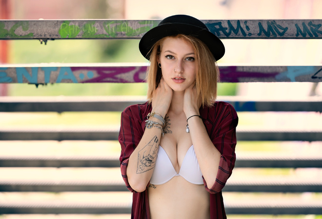 women, white bra, blonde, nose ring, hat, shirt, open shirt, portrait, inked girls