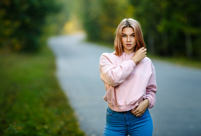 women, blonde, road, jeans, portrait, sweater