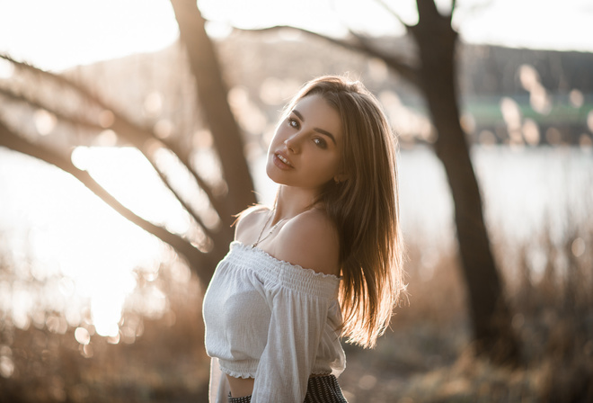 women, blonde, portrait, smiling, necklace, trees, bare shoulders, bokeh