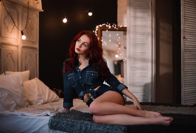 women, redhead, sitting, red lipstick, denim shirt, jean shorts, in bed, pillow, blue eyes