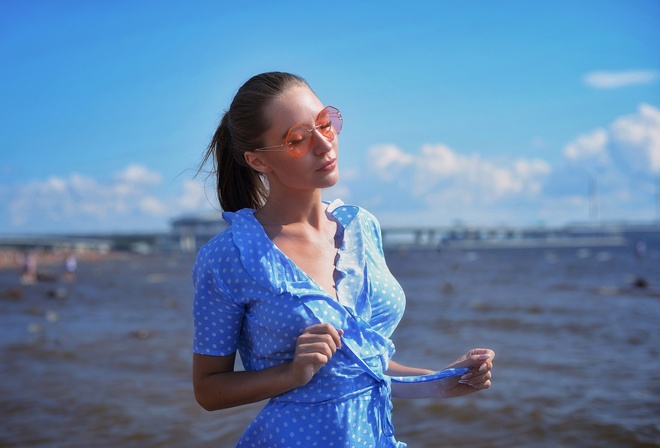 women, portrait, closed eyes, polka dots, sea, women with glasses, women outdoors