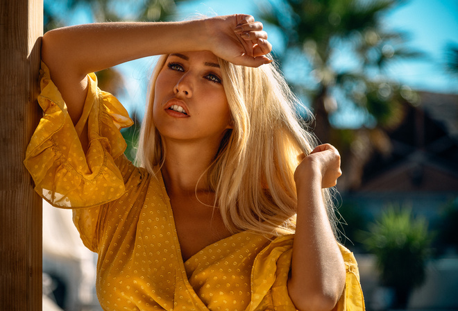 women, blonde, portrait, depth of field, yellow clothing