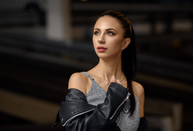 women, portrait, nose ring, leather jackets, eyeliner, necklace, bare shoulders