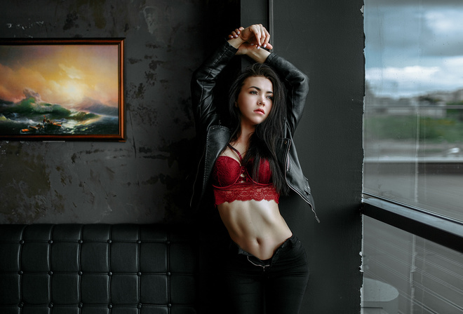 women, arms up, window, jeans, leather jackets, red lingerie, black panties, portrait