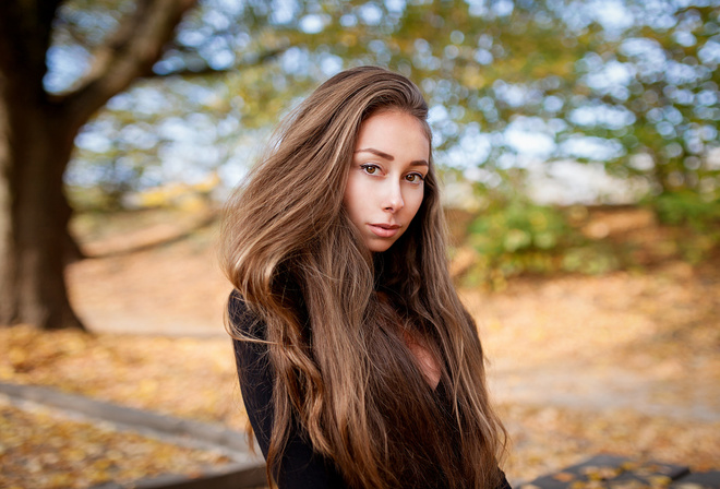 women, portrait, long hair, black clothing, women outdoors, trees