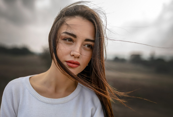 women, face, portrait, nose ring, hair in face, women outdoors, red lipstick