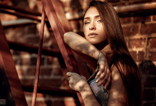 women, stairs, long hair, portrait, bricks