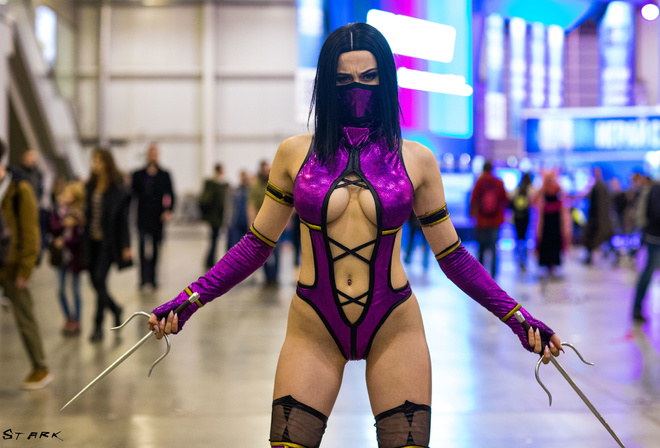 Mileena, Mortal Kombat, women, cosplay, dagger, belly, pierced navel, boobs